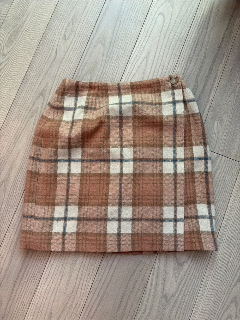 Plaid Mini Wool Blend Wrap Skirt in Beige and Rust - Classic A-Line